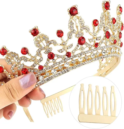 Vista 2 de NODG Tiaras y coronas doradas para mujer, diadema de cumpleaños para niñas, coronas de reina de cristal rojo, accesorios para el cabello para novia
