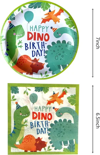 Vista 2 de Suministros de fiesta de cumpleaños de dinosaurios en acuarela, 20 platos y 20 servilletas, para decoración de fiesta de cumpleaños temática