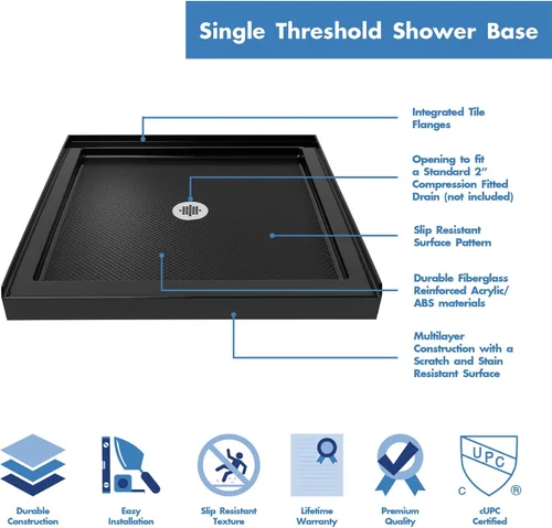 Vista 3 de DreamLine SlimLine DLT-1132320-88 - Base de ducha de un solo umbral de drenaje central de 32 pulgadas de profundidad x 32 pulgadas de ancho x 2 3/4