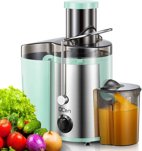 QCen Máquina Exprimidora, Extractor de Jugos Centrífugo de 500W con Boca Ancha y Canal de Alimentación de 3" para Frutas y Verduras, Fácil de
