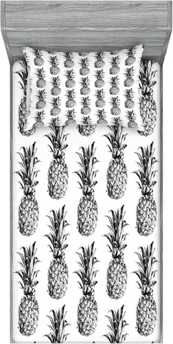 Ambesonne Decoración de piña para dormitorio y hogar, juego de sábanas bajeras y fundas de almohada dibujadas a mano, estilo tropical vintage,