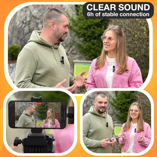 Vista 2 de PowerDeWise Micrófono de solapa Lavalier inalámbrico profesional para iPhone, iPad - Micrófono de grabación de condensador omnidireccional dual