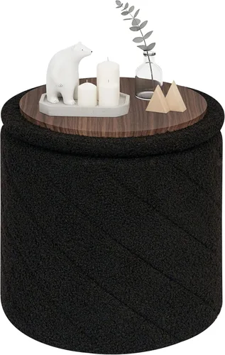 PINPLUS Otomana con Stroage Round Boucle otomana y bandeja Sherpa extraíble pie taburete mesa de café para dormitorio, sala de estar, negro, 13 x 13