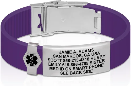 Vista 79 de Divoti Pulsera de identificación de alerta médica grabada personalizada, grabado láser de doble cara, pulsera de silicona, cierre de seguridad