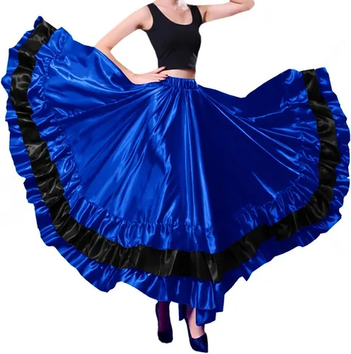 Falda larga de satén con capas negras y rojas para mujer, para flamenco español, danza del vientre, ballet mexicano, actuación folklórica