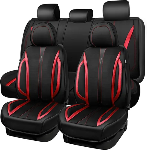 Vista 18 de CAR PASS Fundas de cuero beige para asiento de automóvil, juego completo de fundas de asiento automotriz transpirables e impermeables, cojín