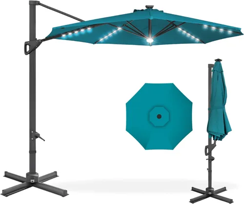 Vista 10 de Best Choice Products 10ft Solar LED Cantilever Patio Umbrella, 360-Degree Rotation Hanging Offset Market Outdoor Sun Shade for Backyard, Deck