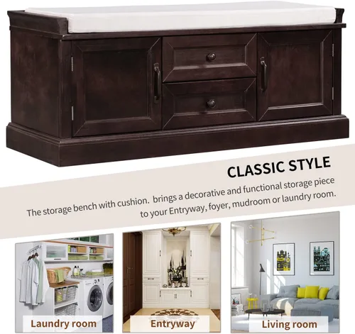 Vista 8 de Merax Banco de entrada clásico de madera con cajones y cojín de asiento para pasillo puerta delantera Espresso