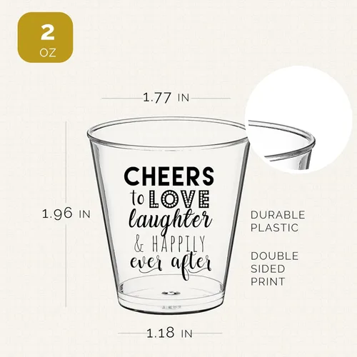 Vista 2 de Vasos de chupito de boda – Cheers to Love Laughter and Happily Ever After Vasos de chupito a granel paquete de 100 – 2 onzas desechables regalos