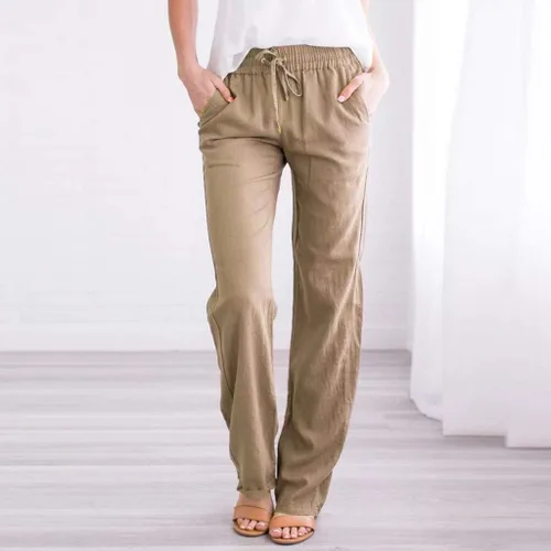 Vista 2 de Pantalones largos de lino estilo palazzo de cintura alta para mujer, de cintura alta, casuales, con bolsillo