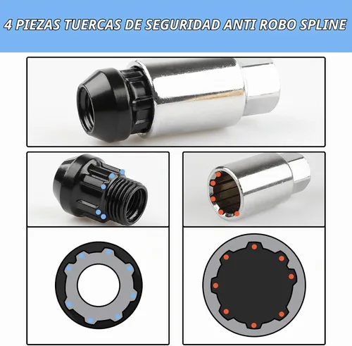 Vista 6 de 20 Piezas Picos Antirrobo Extendidos Sintonizador Rueda/Llantas Tuerca de Orejeta M12X1.5+Llave (Negro)