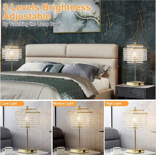 Vista 3 de Luvkczc Juego de 2 lámparas de mesa de cristal USB doradas, control táctil, lámpara regulable de 3 vías con pantalla de cristal para dormitorio