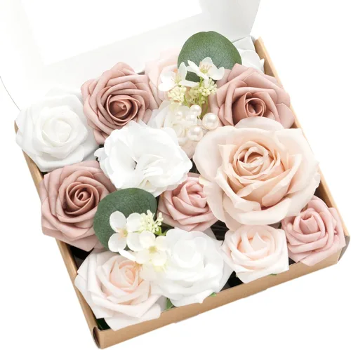 Vista 21 de Ling's moment Caja de flores falsas, tallos de vegetación artificiales artificiales, rosas de espuma, anturios, orquídea de seda, hoja de palmera