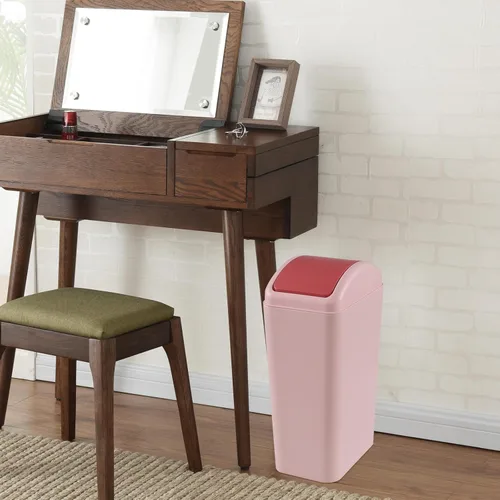 Vista 4 de Bote de basura de 3 galones con tapa abatible, cubo de basura de plástico con tapa abatible, color rosa