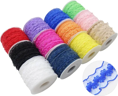 Vista 18 de Cinta elástica naranja con volantes de 25 yardas para coser de 3/4 pulgadas de organza elástica con ribete de encaje de ganchillo, banda elástica