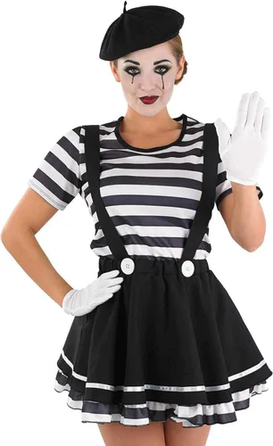 Vista 2 de fun shack Disfraz de mimo para mujer, disfraz de mimo francés para mujer, disfraz de mimo adulto, disfraz de Mime de Halloween para mujer