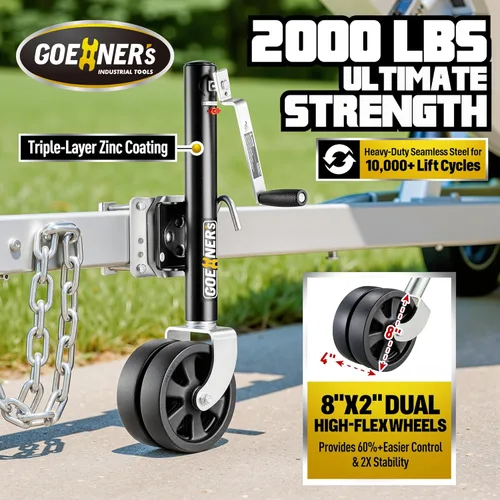 Vista 2 de Gato de remolque de barco mejorado 2.0 2000 libras - Gato de lengüeta giratorio de doble rueda galvanizado profesional de 8 pulgadas con mango
