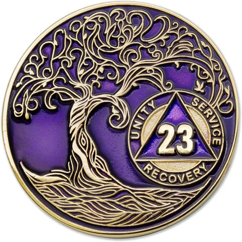 Vista 45 de 1 año Sobriety Mint Twisted Tree of Life Medallón de recuperación AA chapado en oro, chip/ficha - negro