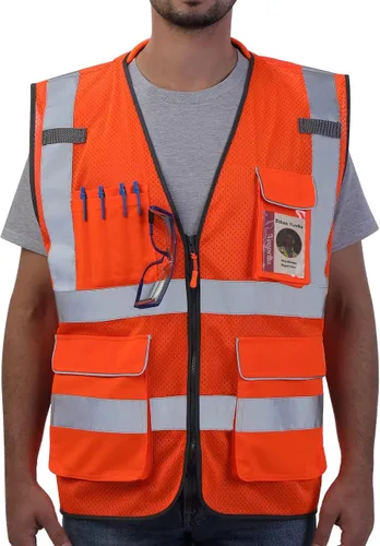 Vista 11 de Neopelta Chaleco de seguridad reflectante de malla naranja, chaleco de alta visibilidad con bolsillos y cremallera, cuello acolchado, chaleco