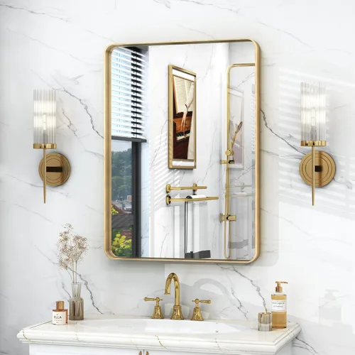 Vista 11 de Espejo rectangular para pared de baño de 20x30 pulgadas con marco negro mate, espejo de tocador con esquinas redondeadas, espejo de baño de metal