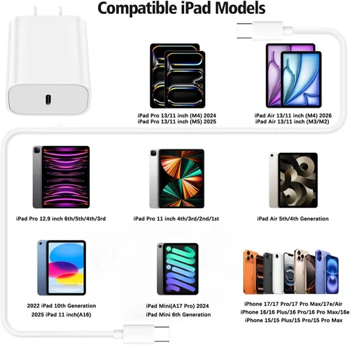 Vista 5 de Cargador rápido USB C para iPad, cargador rápido para iPad 2018-2026, bloque de pared con cable USB C a C de 3 pies para iPad Pro M5/M4/13/12.9/11
