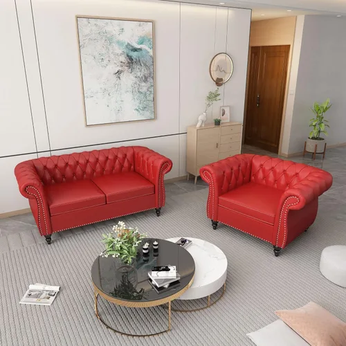 Vista 42 de Juego de 2 piezas para sala de estar, sofá Chesterfield de cuero con reposabrazos enrollados y tachuelas para sala de estar, oficina (negro)