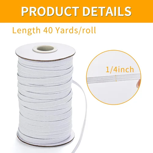 Vista 2 de XKDOUS Banda elástica para costura, 1/4 de pulgada, 40 yardas, bandas elásticas de punto blanco, cordón elástico alto para coser cintura