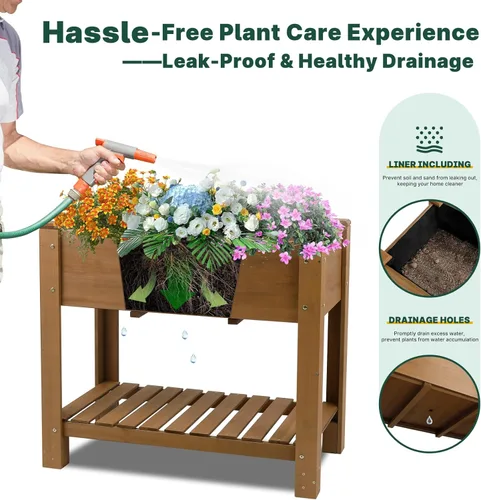 Vista 3 de Cama de jardín elevada para exteriores, jardineras de madera con patas forro protector y agujeros de drenaje, macizos de flores elevados para jardín