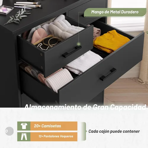 Vista 3 de Hasuit Cómoda negra para dormitorio, 6 cajones, torre de almacenamiento de madera, cómoda de 6 cajones, armario de almacenamiento de gran capacidad