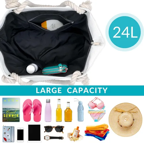 Vista 4 de TESALATE Bolsa grande de lona para playa con cremallera para mujer, para nadar, viajar, ir de compras, gimnasio y vacaciones en la playa