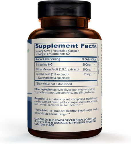 Vista 2 de Complejo de berberina, suplemento de apoyo con melón amargo y hoja de banaba 60 cápsulas (paquete de 1)