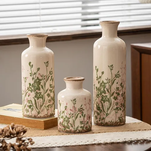 Juego de 3 jarrones de cerámica, jarrones florales vintage en rosa y beige, jarrones decorativos rústicos de estilo campestre francés para Rosa-004