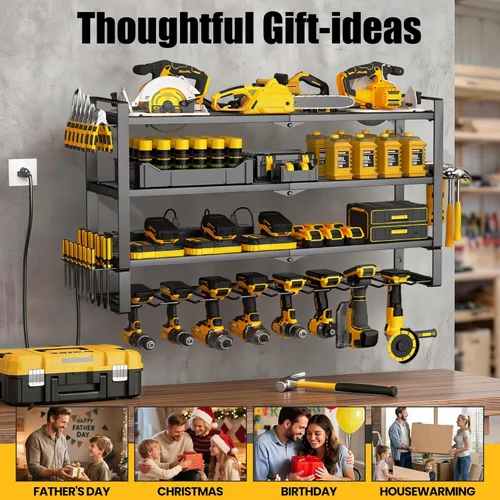 Vista 9 de MOOMSINE Large Power Tool Organizer Wall Mount with Charging Station, 400lbs Metal Storage Rack with 8 Cordless Drill Holder, 4 Tier Heavy Duty