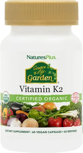 NaturesPlus Source of Life Garden Vitamina K2 - 60 cápsulas - Apoya huesos saludables - Certificado USDA orgánico, sin OMG, vegano, sin gluten - 60