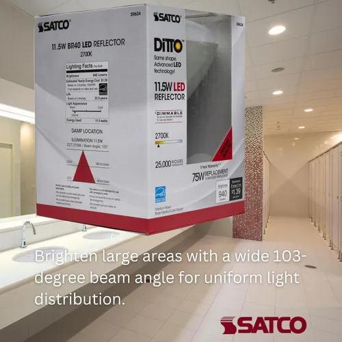 Vista 4 de Satco Bombilla LED S9634 BR40 de 11.5 W, 2700 K, blanco cálido, 940 lúmenes, ángulo de haz de 103°, regulable, base media (6 bombillas LED)
