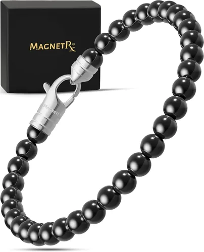 Vista 9 de MagnetRX® Pulsera magnética de hematita, piedras magnéticas de máxima resistencia con dijes de acero inoxidable, elegantes pulseras de cuentas