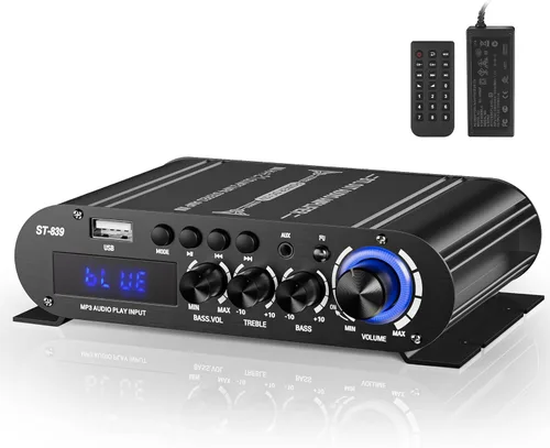 Facmogu ST-839 2.1CH Mini amplificador estéreo Bluetooth, RMS 25Wx2+40W amplificador de potencia de salida de subwoofer, entrada USB/AUX/RCA