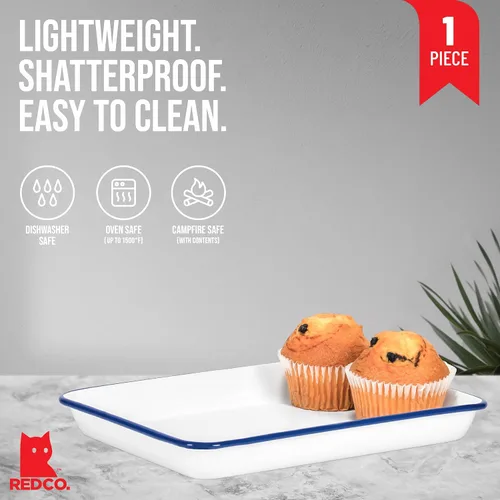 Vista 2 de Red Co. Bandeja de servir rectangular clásica de esmaltería metálica de 2 cuartos de galón, 11 x 9 pulgadas, blanco sólido/borde azul marino