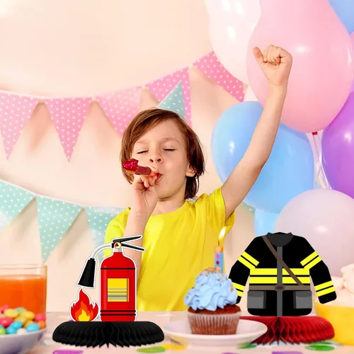 Vista 5 de Epakh 10 piezas de decoración de fiesta de cumpleaños con tema de camión de bomberos, suministros de mesa con tema de camión de bomberos, centros