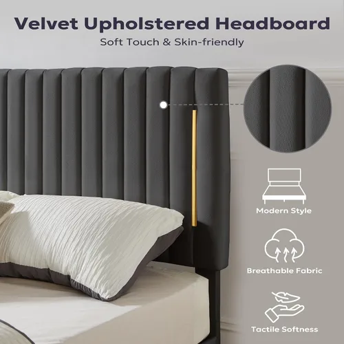 Vista 4 de Furnify Base de cama de plataforma Queen tapizada de terciopelo con cabecera ajustable de canal vertical, borde chapado en oro, base de colchón