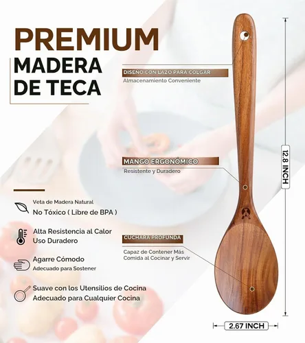 Vista 2 de Cucharas de madera para cocinar, utensilios de cocina de madera de teca prémium para servir