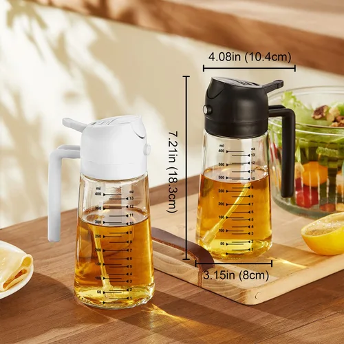 Vista 5 de TrendPlain Pulverizador de aceite de oliva de vidrio de 16 onzas / 15.9 fl oz para cocinar, botella dispensadora de aceite de oliva 2 en 1 para 2
