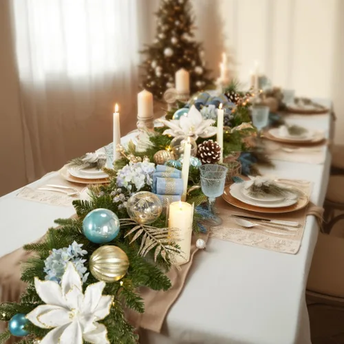 Vista 6 de WBHome - Guirnalda de Navidad con luces preinstaladas, 6 pies/72 pulgadas, celeste y dorado, con 50 luces led, decoración de Navidad para interiores