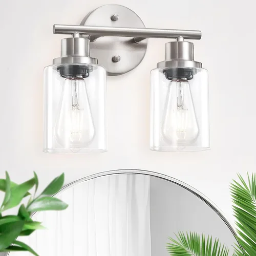 Lámparas de baño E26 de 2 luces, modernas luces de tocador de níquel cepillado para baño con pantalla de vidrio transparente, espejo, cocina de Guliaofo