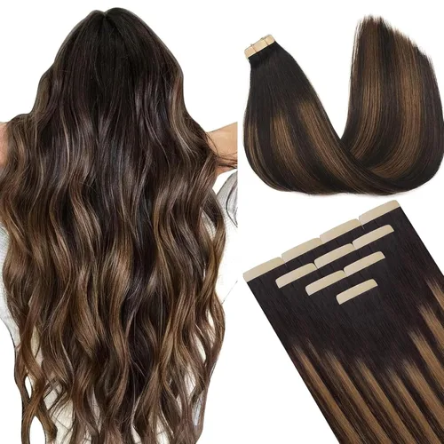 DOORES Extensiones de cabello de cabello humano real, marrón oscuro a marrón castaño, 10 pulgadas, 20g, 10 piezas, extensiones de cabello con cinta
