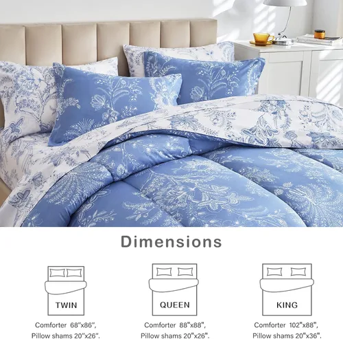 Vista 5 de Flysheep Juego de edredón reversible floral tamaño individual, juego de ropa de cama con estampado botánico blanco y azul, microfibra ultra suave