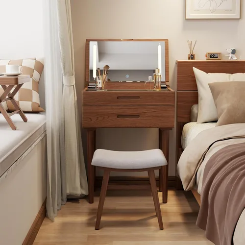 Vista 11 de Muwuele Escritorio pequeño de madera maciza con espejo y luces, tocador de maquillaje estrecho para espacios pequeños, mesa auxiliar de tocador