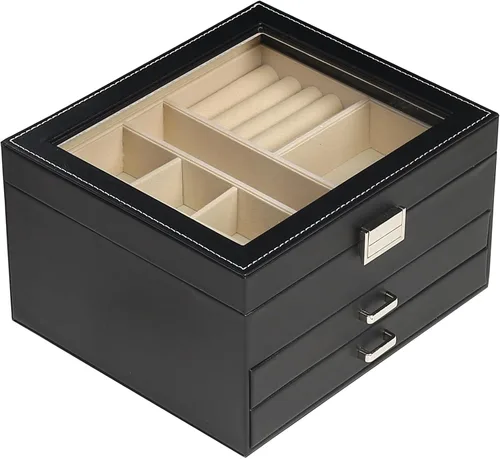 BOOVO Clear Lid Jewelry Box,3 Layers Jewelry Organizer Large Multi-Functional Jewelry Storage Box with 2 Drawers,Jewelry Display Case of Rings