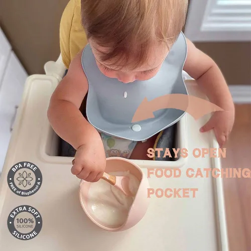 Vista 5 de Ginbear Baberos de silicona para bebés, baberos de alimentación de goma de silicona ajustables impermeables con bolsillo para atrapar alimentos