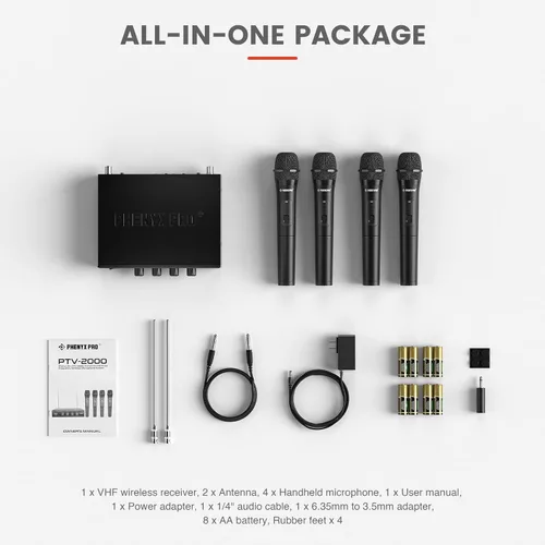 Vista 6 de Sistema de micrófono inalámbrico Phenyx Pro, micrófonos inalámbricos VHF de 4 canales, con 4 micrófonos dinámicos de mano, receptor de metal, largo